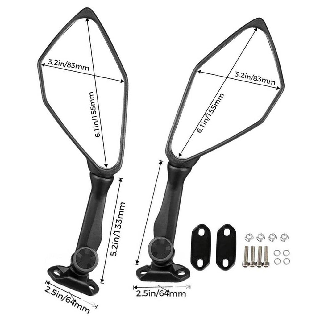 Black motorcycle rearview mirror pair with measured angle and length markings
