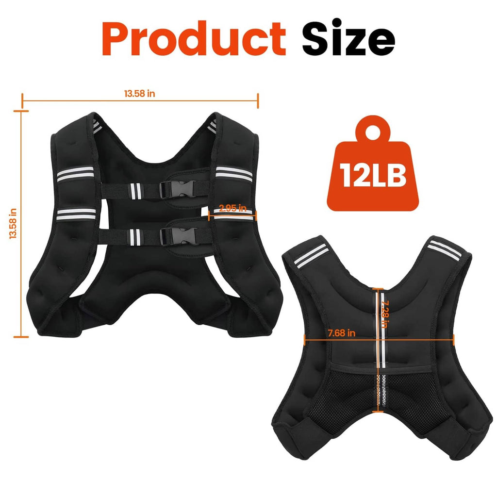 Black 12 lb weighted vest, front and side view with adjustable straps