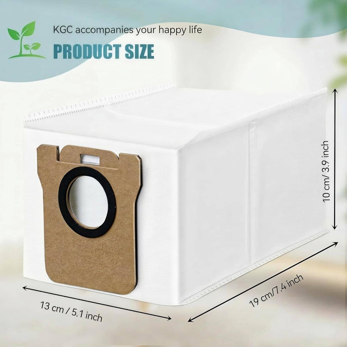Vacuum bag box showing brown filter bag with black seal ring, with size markings