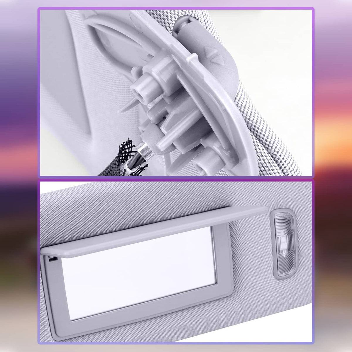 Grey sun visor with mirror frame detail and corded components visible along the edge