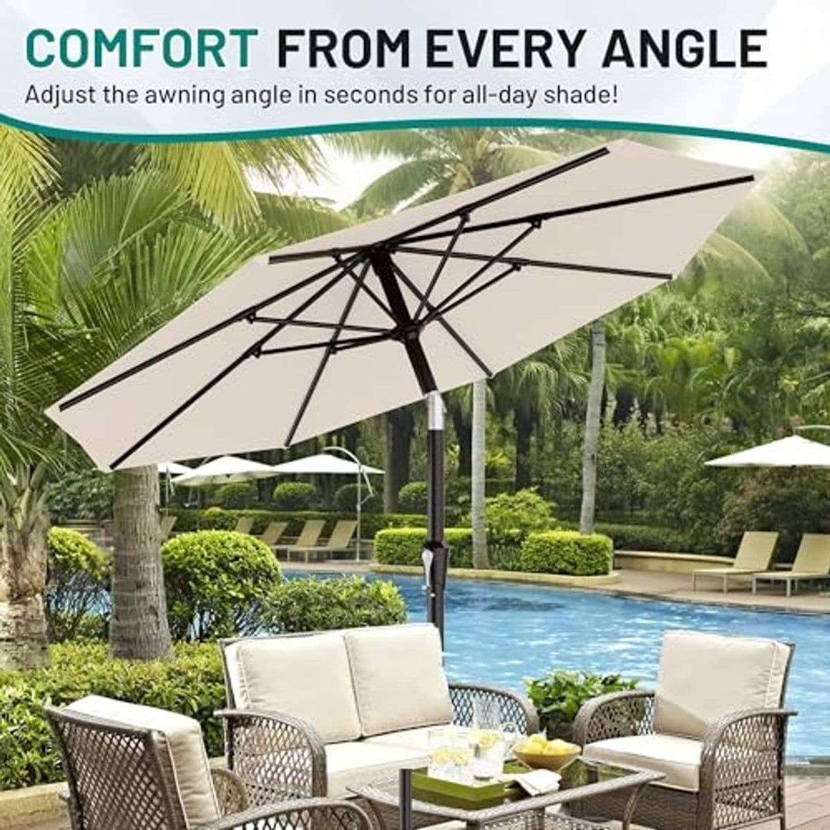 Cream-white patio umbrella open with black tilt frame over outdoor seating