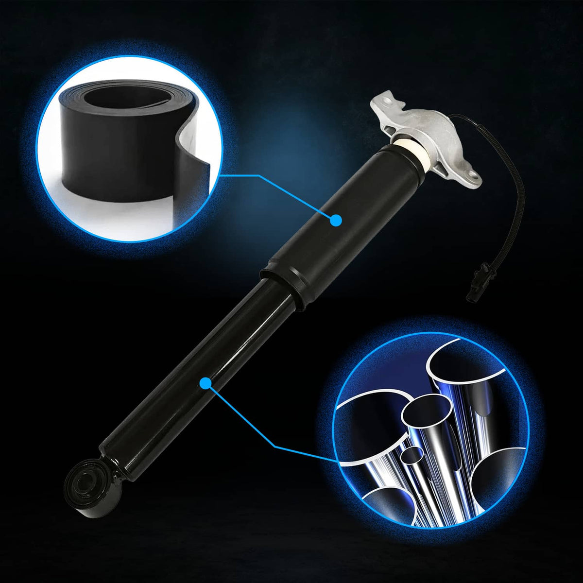 Air strut assembly with black damper tube, silver top mount, and lower bushing