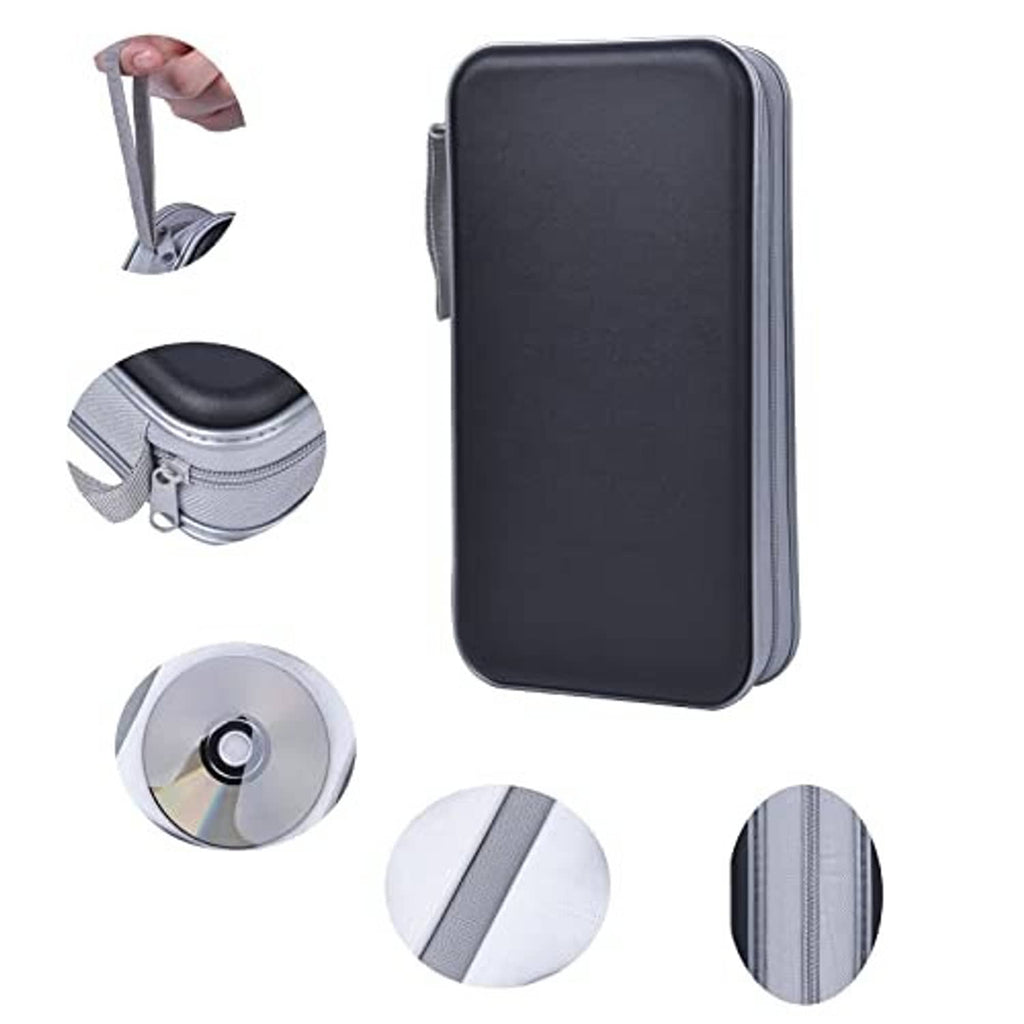 Black hard CD storage wallet with zipper and side handle loop, shown with close-up insets