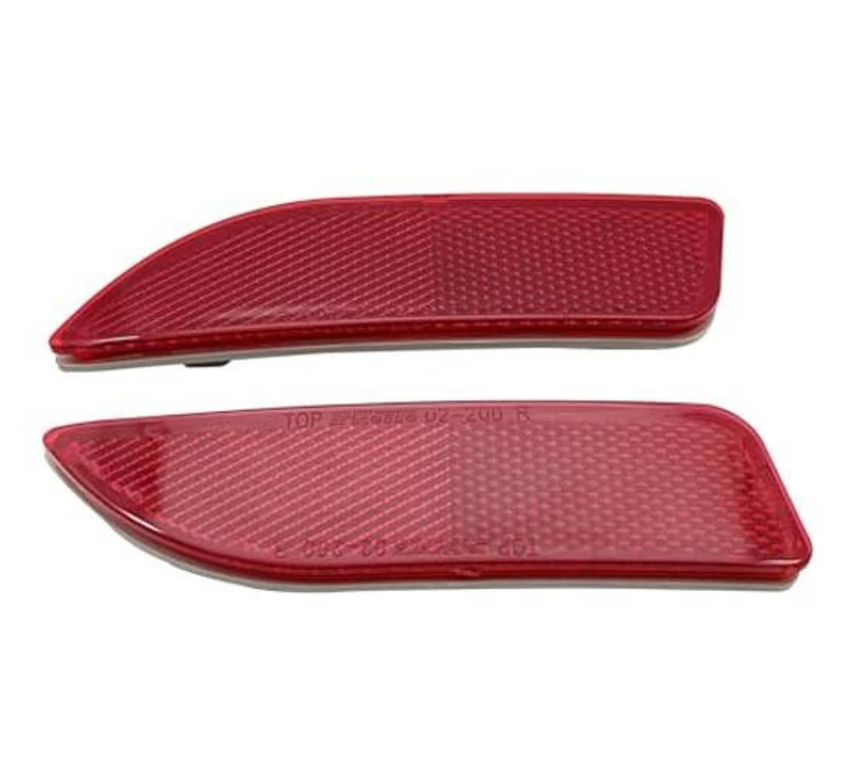 Red rear bumper reflector lights, top and bottom pair with textured lens pattern
