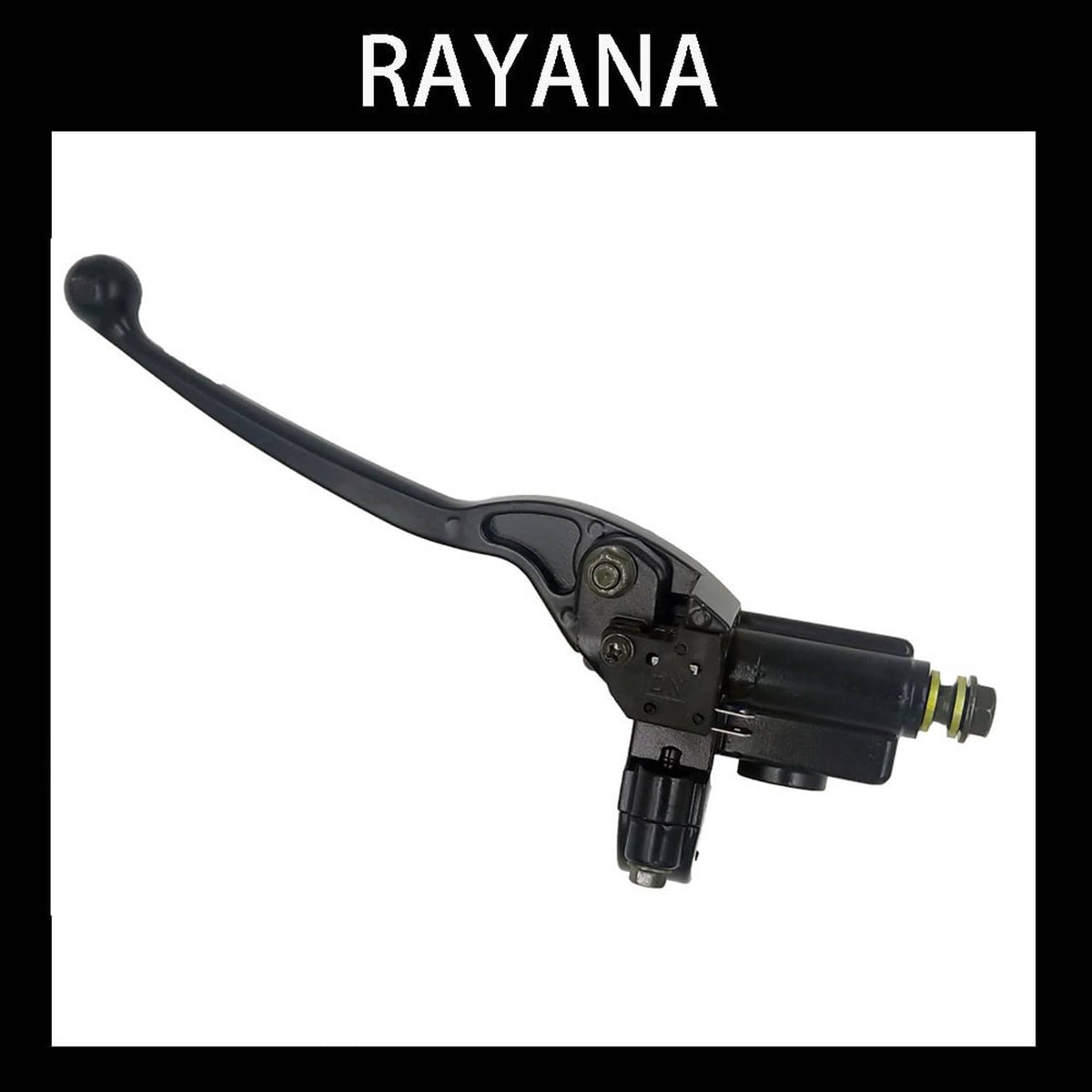 Brake master cylinder with curved black lever, mounting bracket and threaded fitting