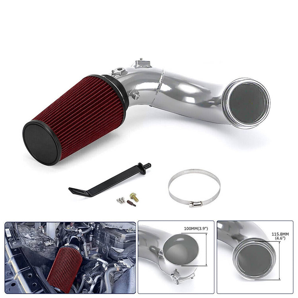 Cold air intake pipe and red cone filter with mounting parts, polished chrome finish.