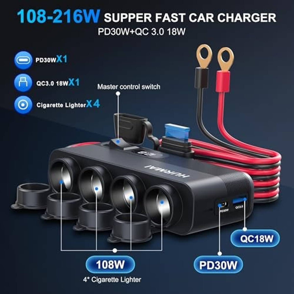 Black HURMAI car charger adapter with 7 ports and red/black power leads