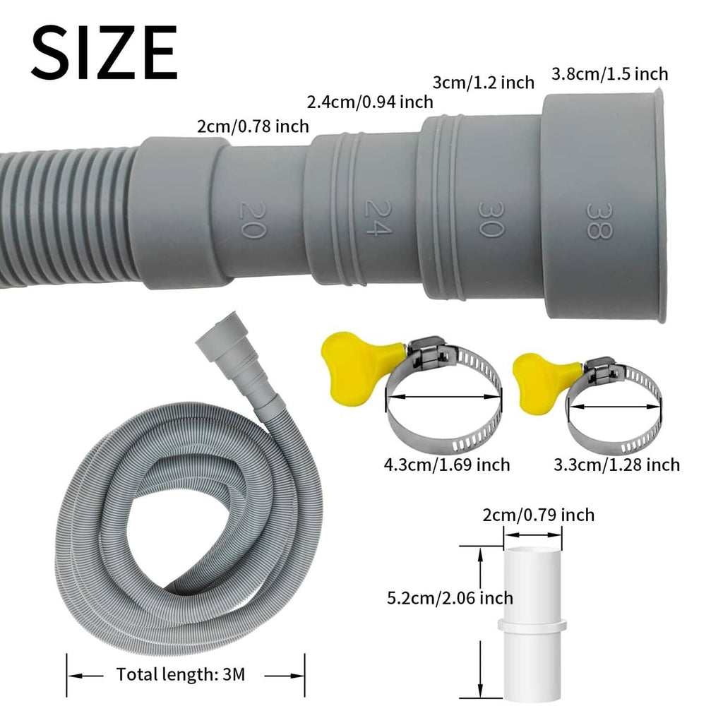 Gray drain hose extension kit with measured sections, adapters, and metal clamps
