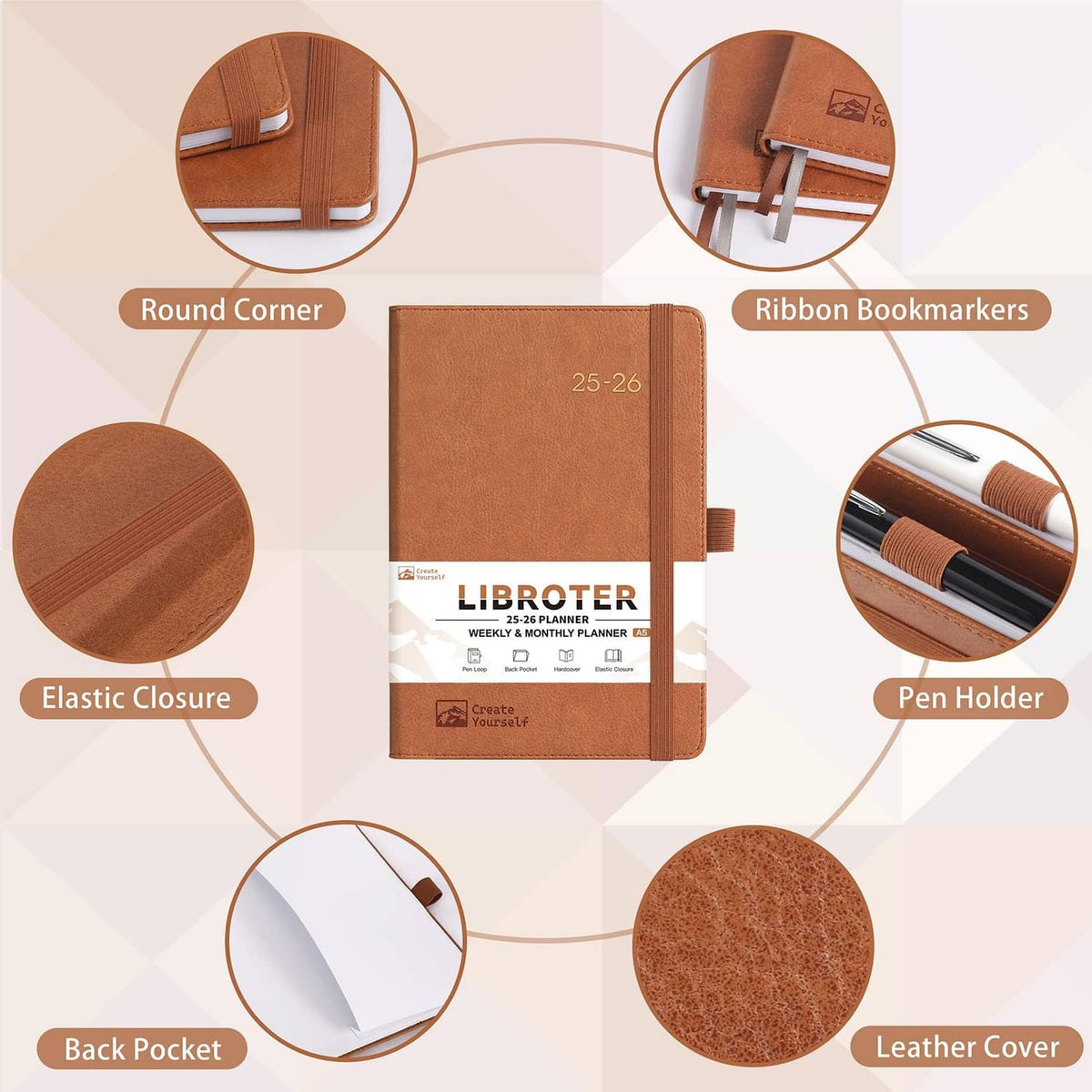 Leather-look planner features: ribbon bookmark, pen holder, elastic closure, back pocket