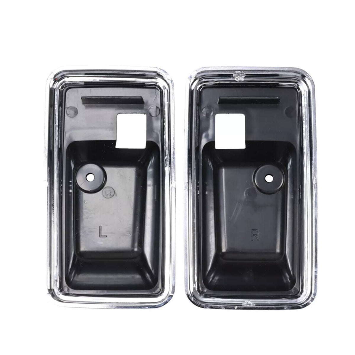 Interior door handle bezel cup set, pair of black cups labeled L and R with chrome trim