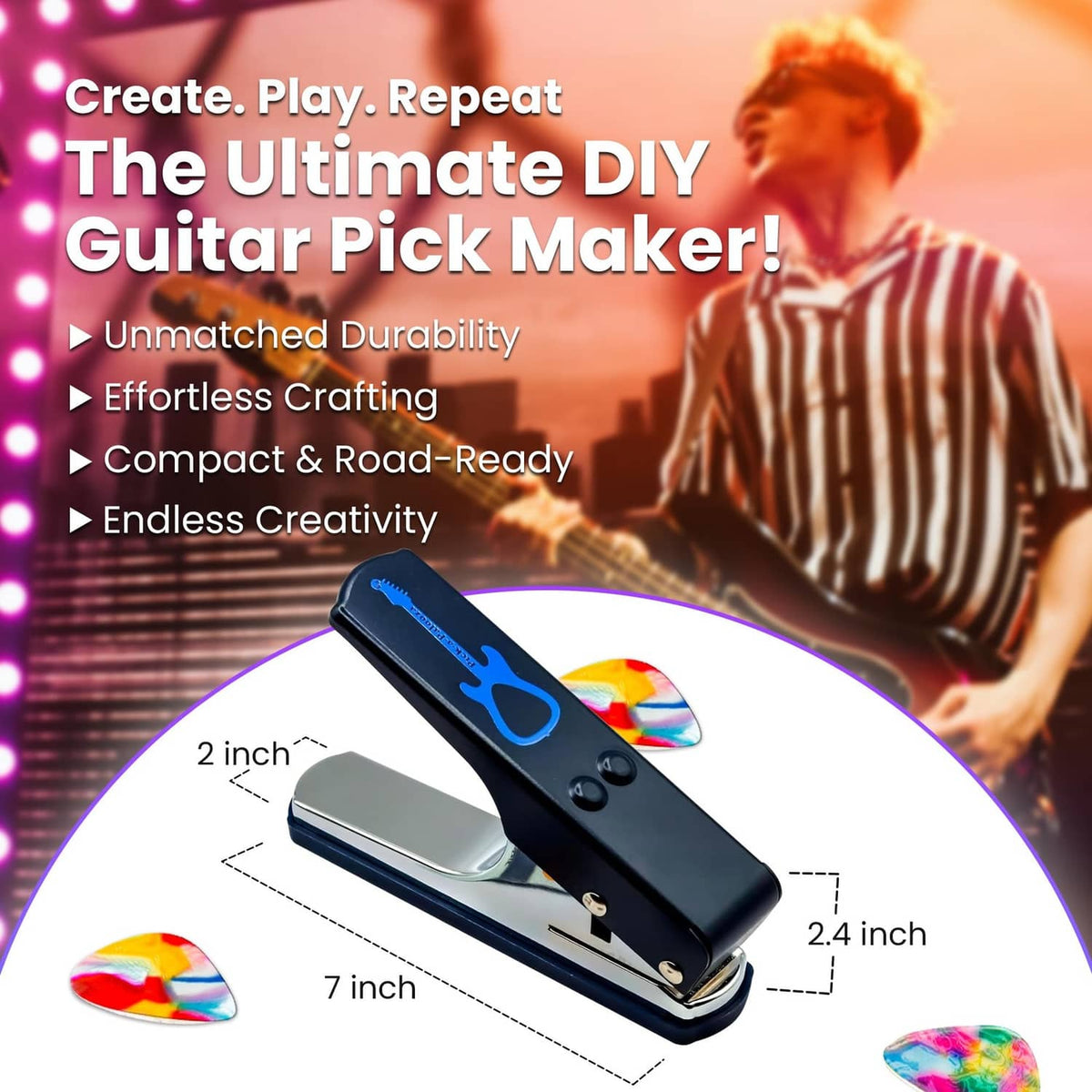Blue guitar pick punch tool with colorful sample picks