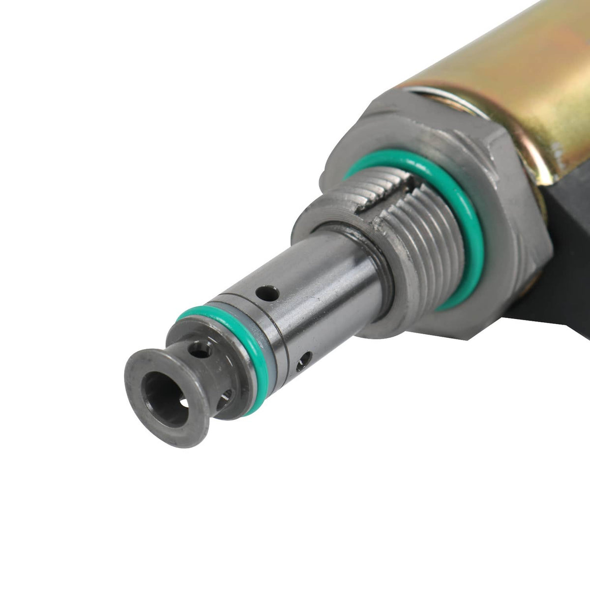 Fuel injection pressure regulator valve close-up of threaded shaft with green sealing rings