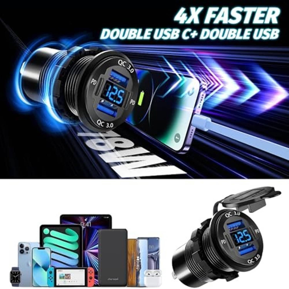 Black round USB outlet with blue-lit QC/PD ports and digital display on charging cable