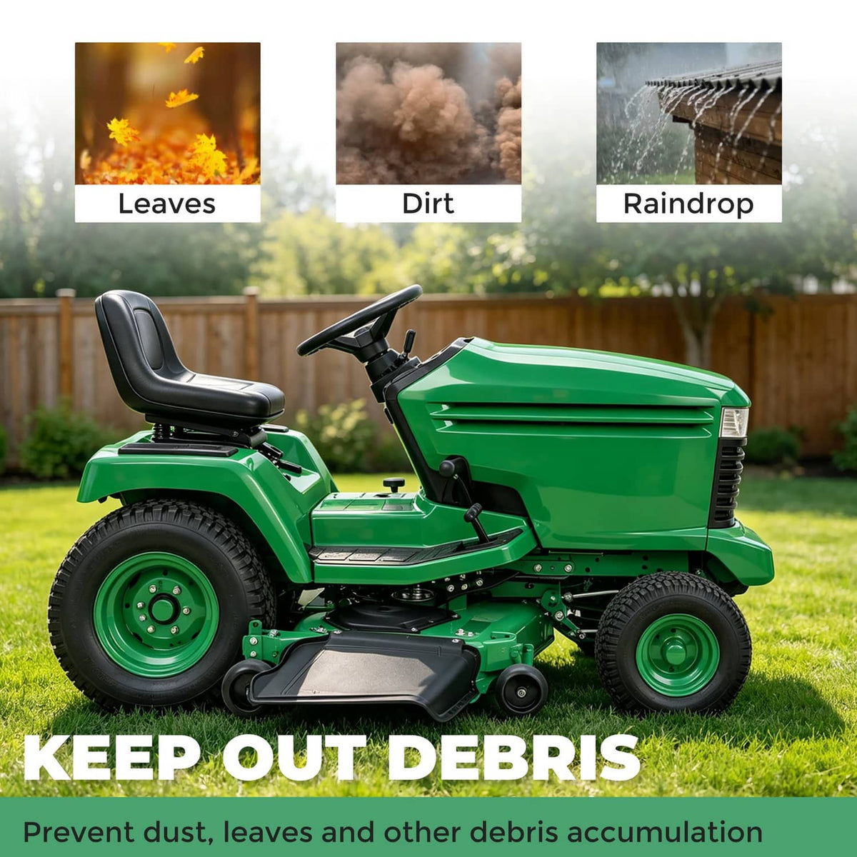 Green riding lawn tractor hood cover, full side profile