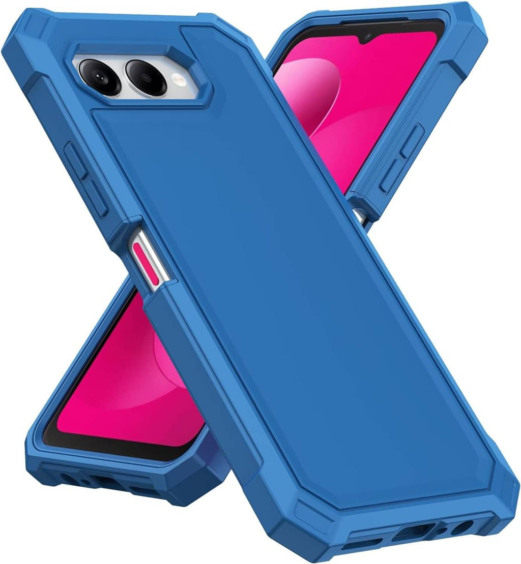 Blue rugged phone case in side and back views with screen protector in front