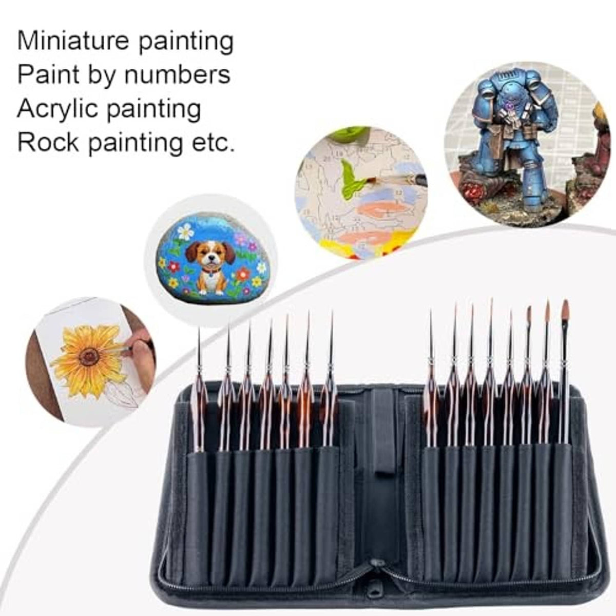 15-piece artist detail paint brush set in folded blue case with multiple brush tips