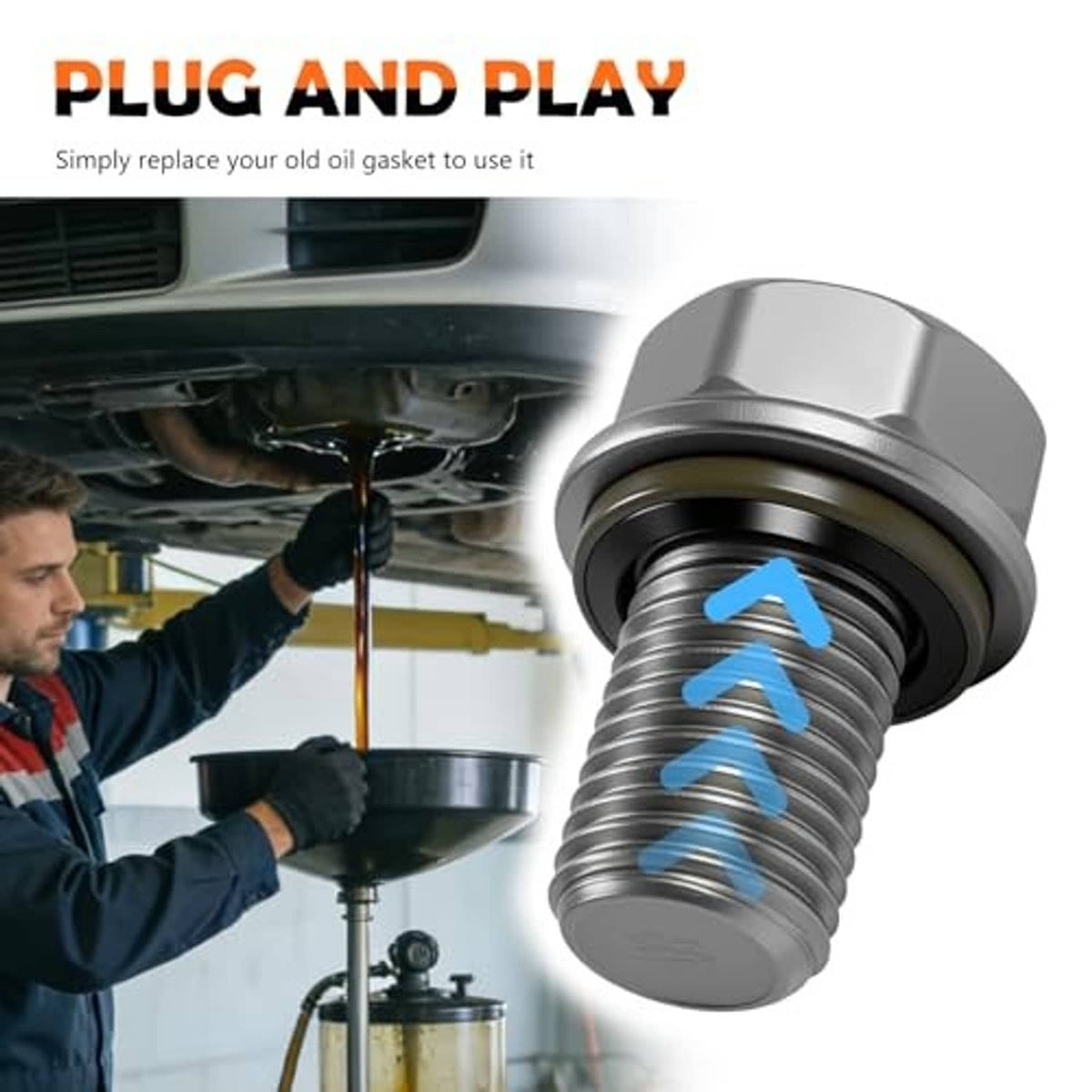 Oil drain plug gasket with bolt, M14 rubber seal ring and metal crush washer
