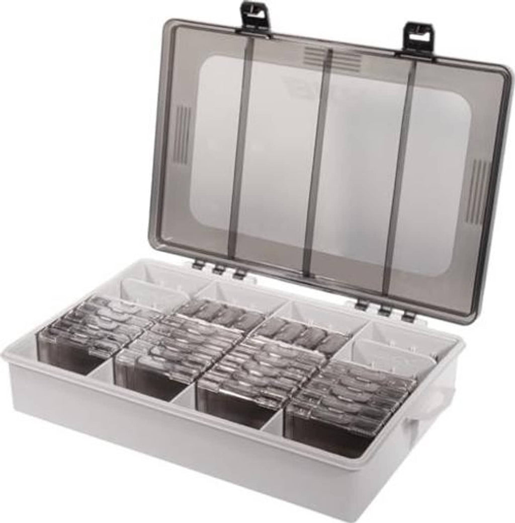 Tackle storage kit case open, showing multiple compartments filled with stacked metal tackle boxes