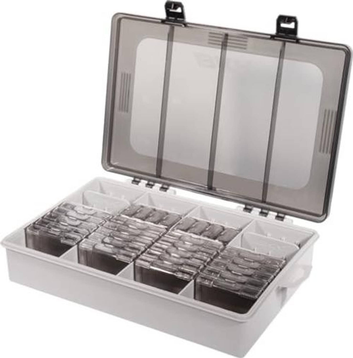 Tackle storage kit case open, showing multiple compartments filled with stacked metal tackle boxes
