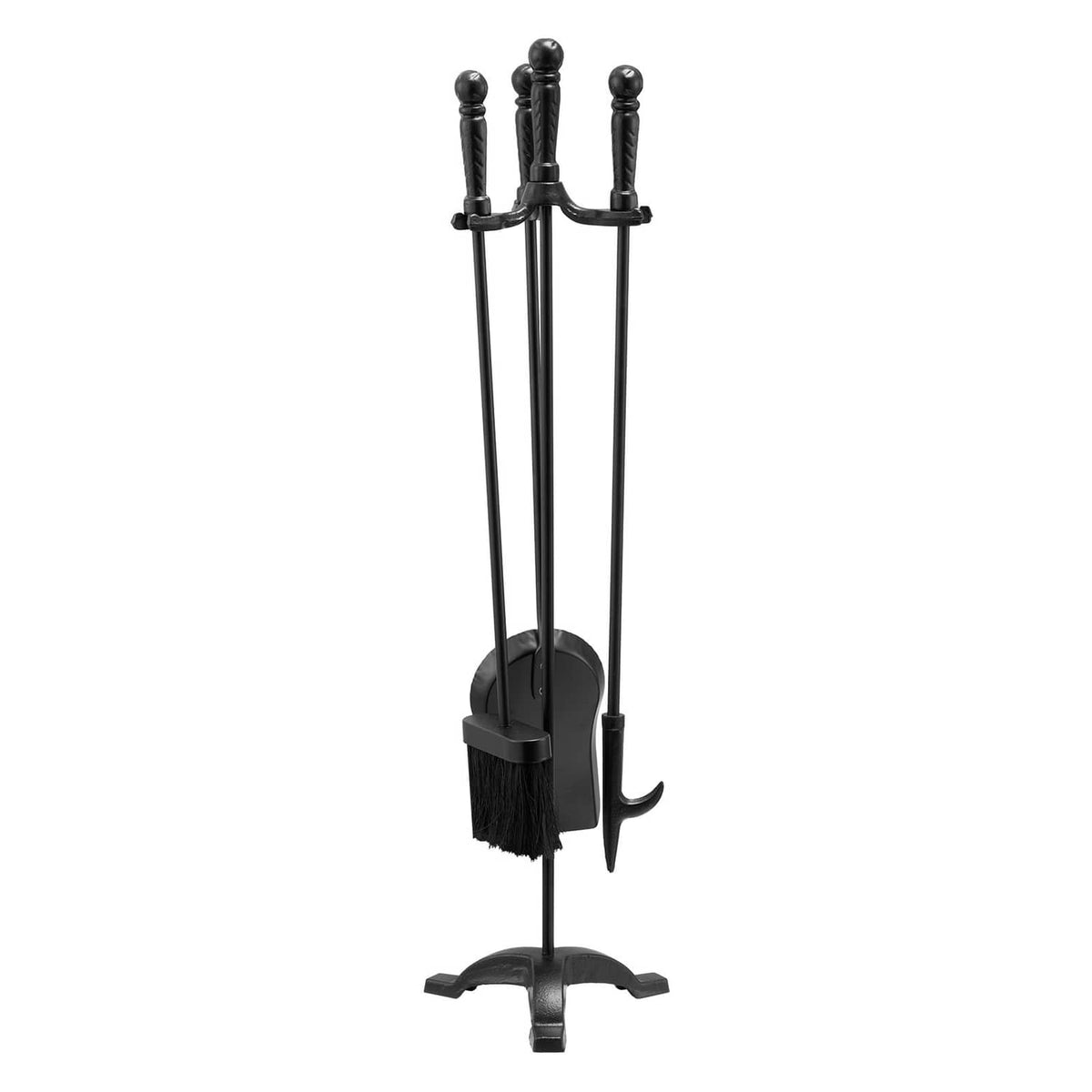 Black fireplace tool set with stand featuring shovel, brush, and poker