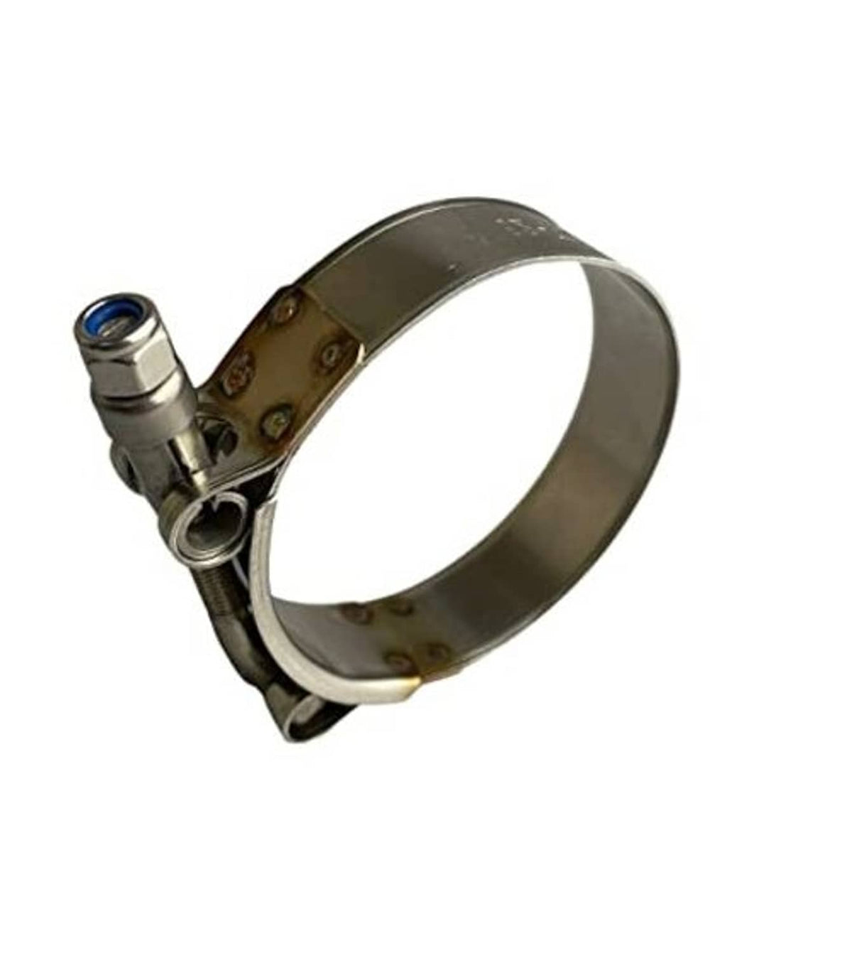 Stainless steel T-bolt hose clamp, curved band with tightening bolt and blue insert