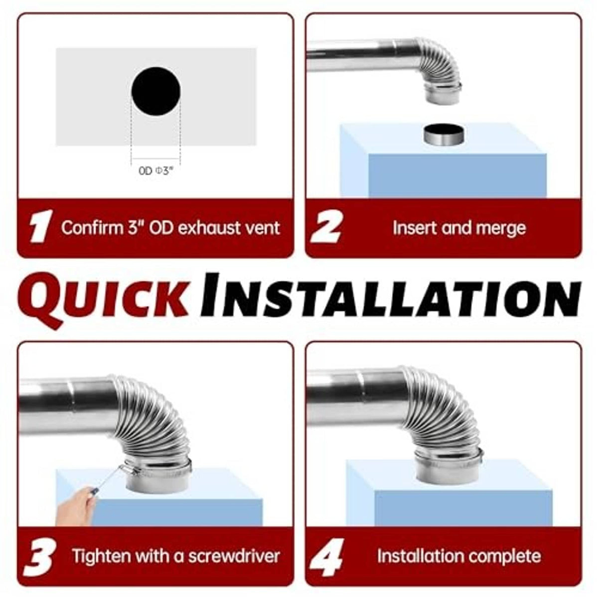 Quick installation steps for 3-inch direct exhaust vent with elbow and clamp