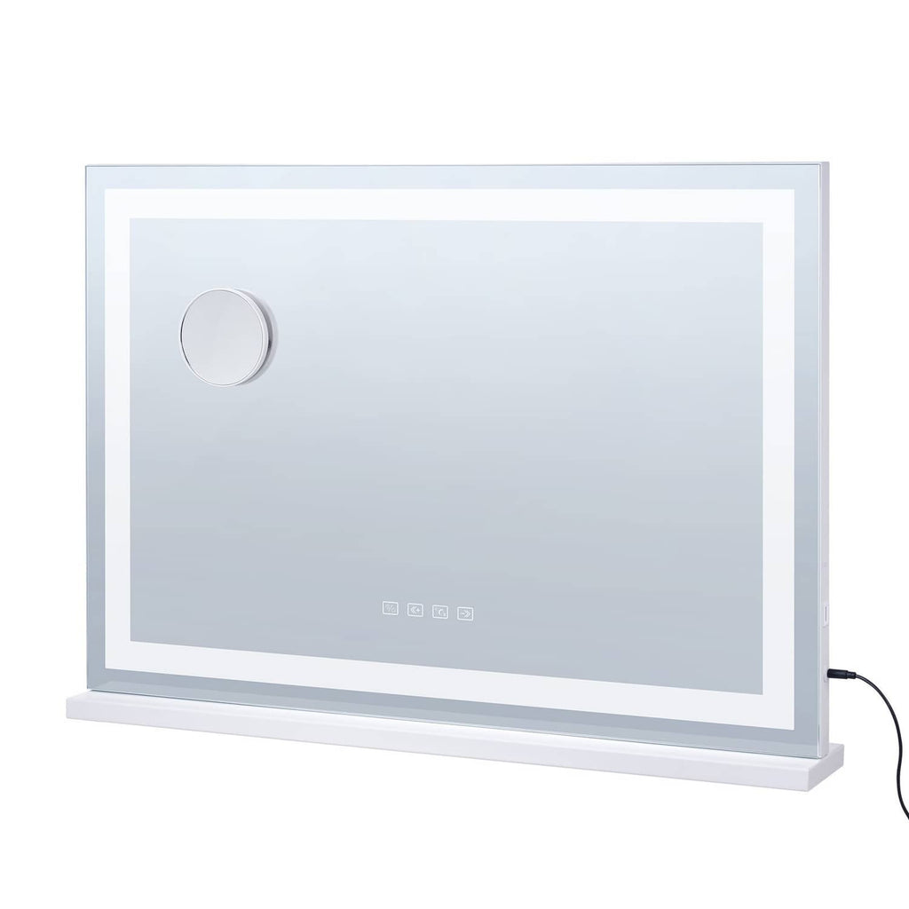 White LED vanity makeup mirror with round power button and bottom control icons