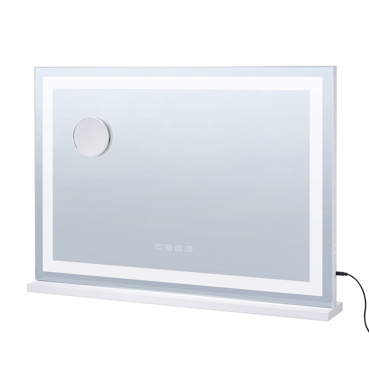 White LED vanity makeup mirror with round power button and bottom control icons