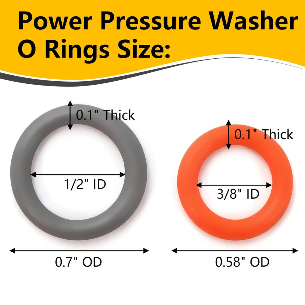 Pressure washer O-ring size chart showing gray 1/2 ID and orange 3/8 ID