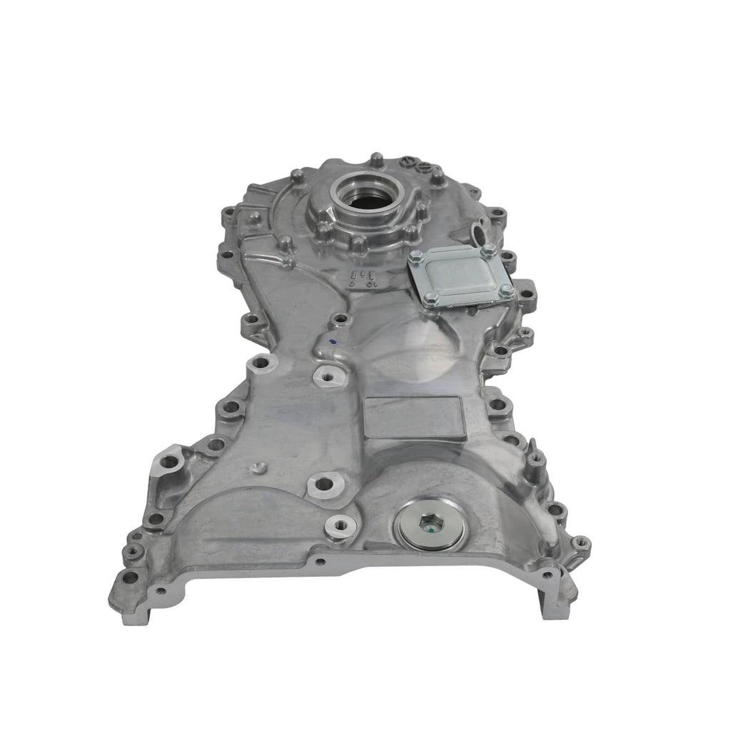 Oil pump housing assembly with large circular opening and top cover plate, cast metal
