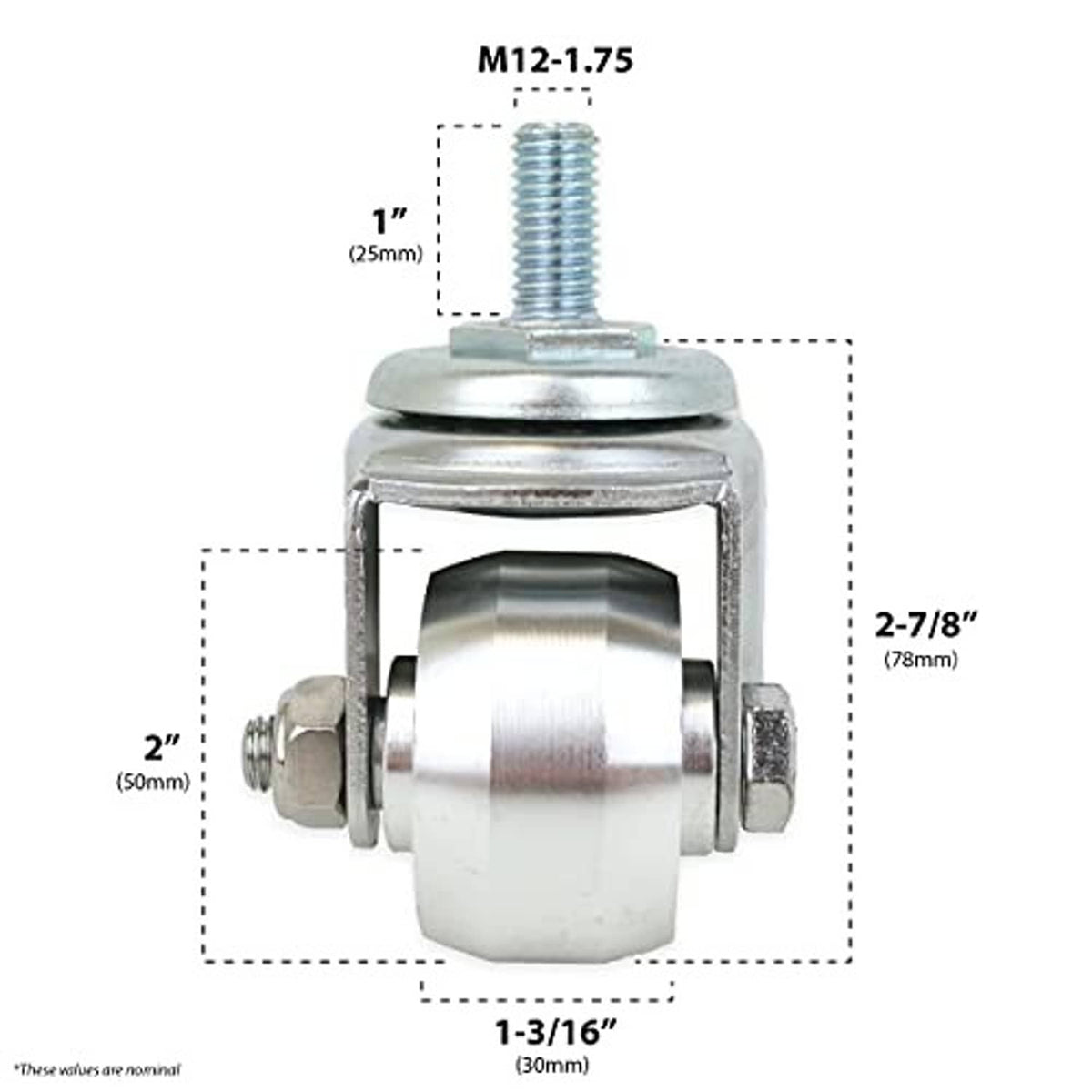 Swivel caster with threaded M12 stem and wheel yoke, size diagram