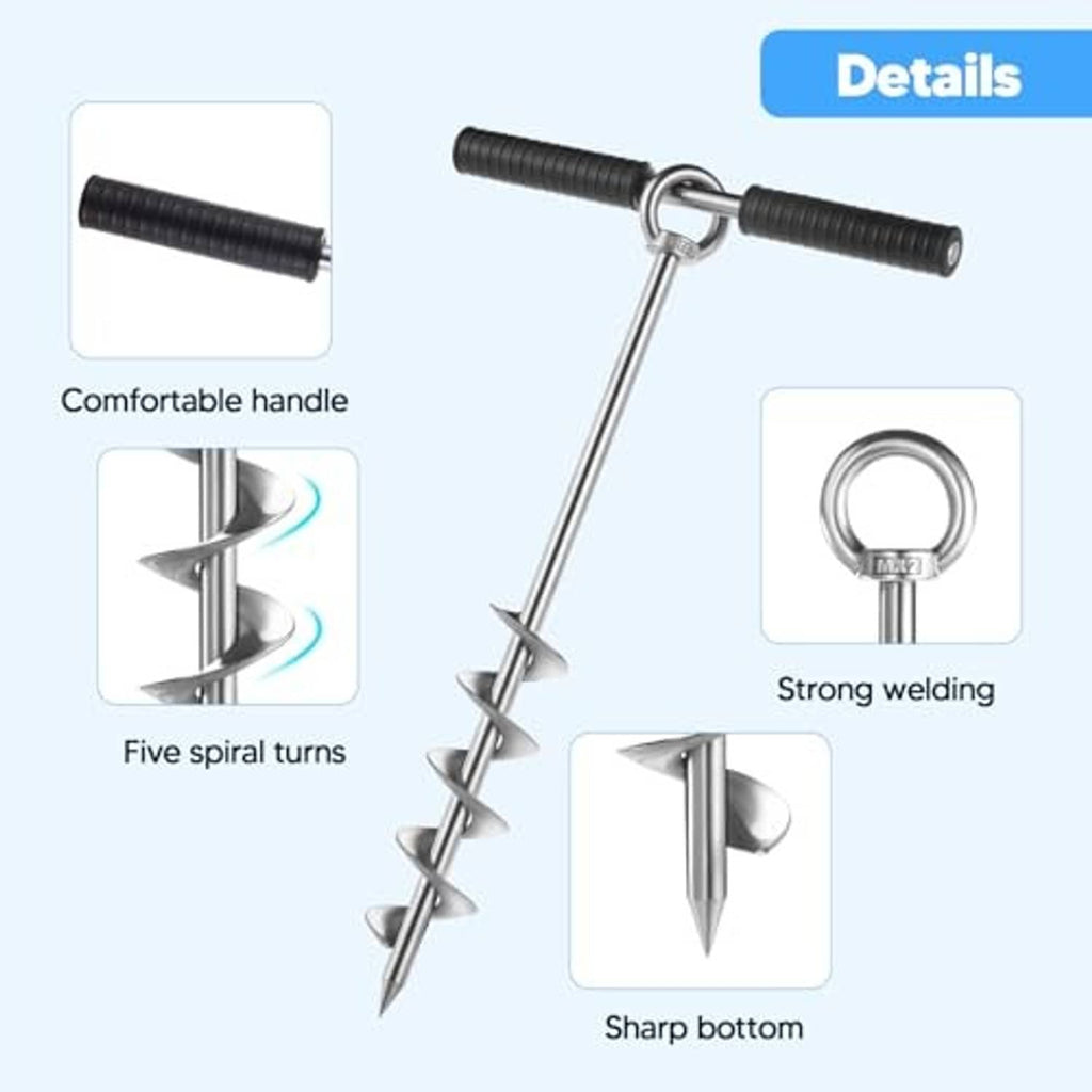 Screw sand anchor with rubber handle grip, spiral turns, welded bolt ring, sharp bottom