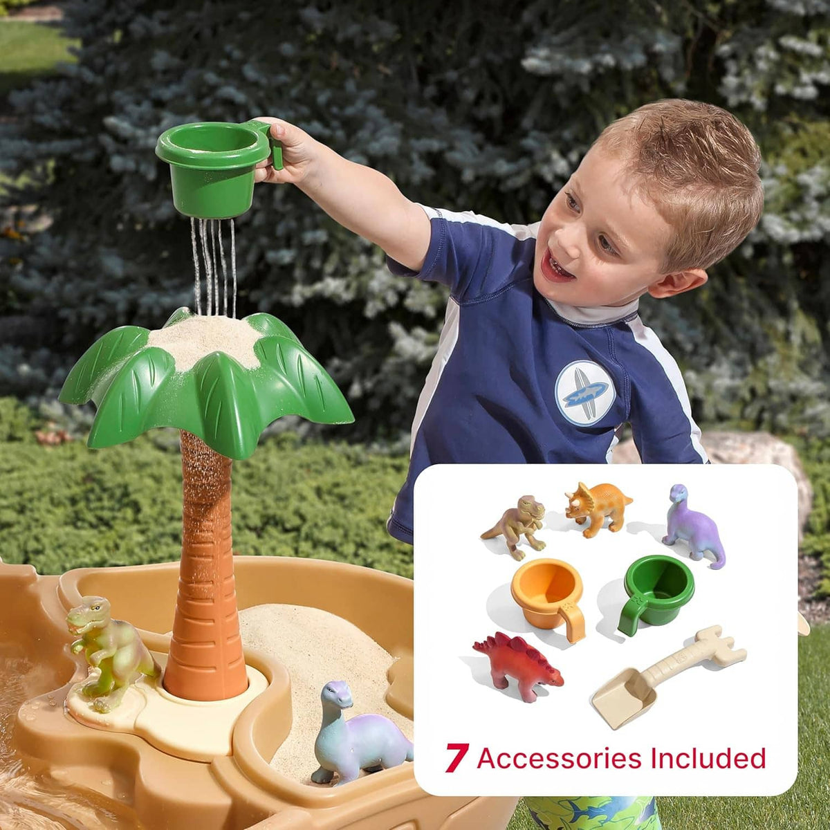 Kids dinosaur sand and water play table with green palm tree, tan basin, dangling water pour