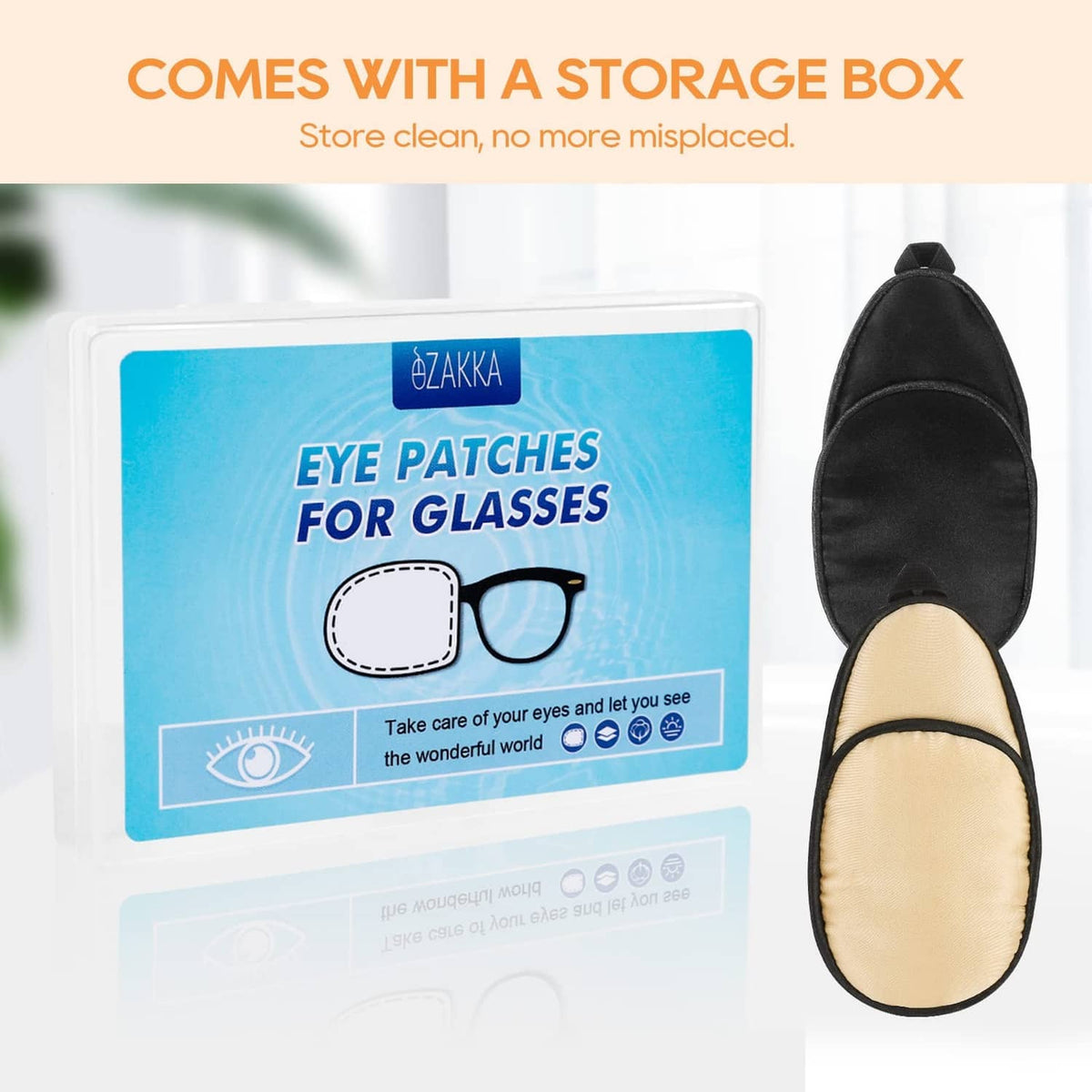 Eye patch for glasses packaging with one beige pad and one black pad shown together.