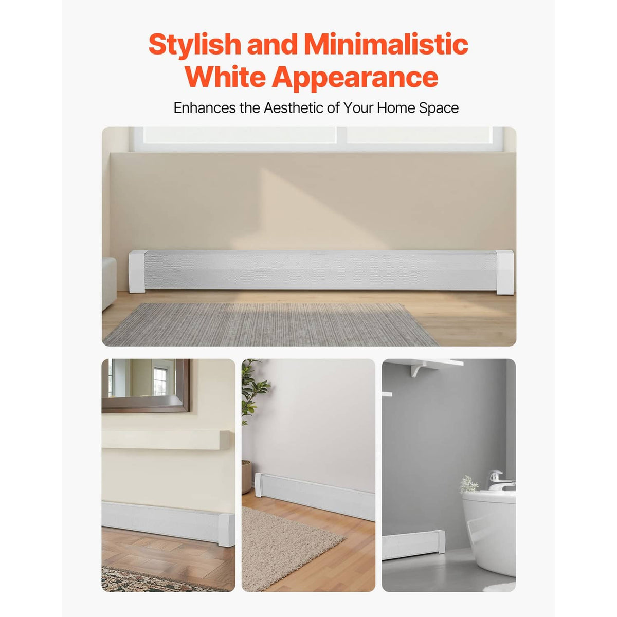 White baseboard heater cover with smooth vented face and simple side ends