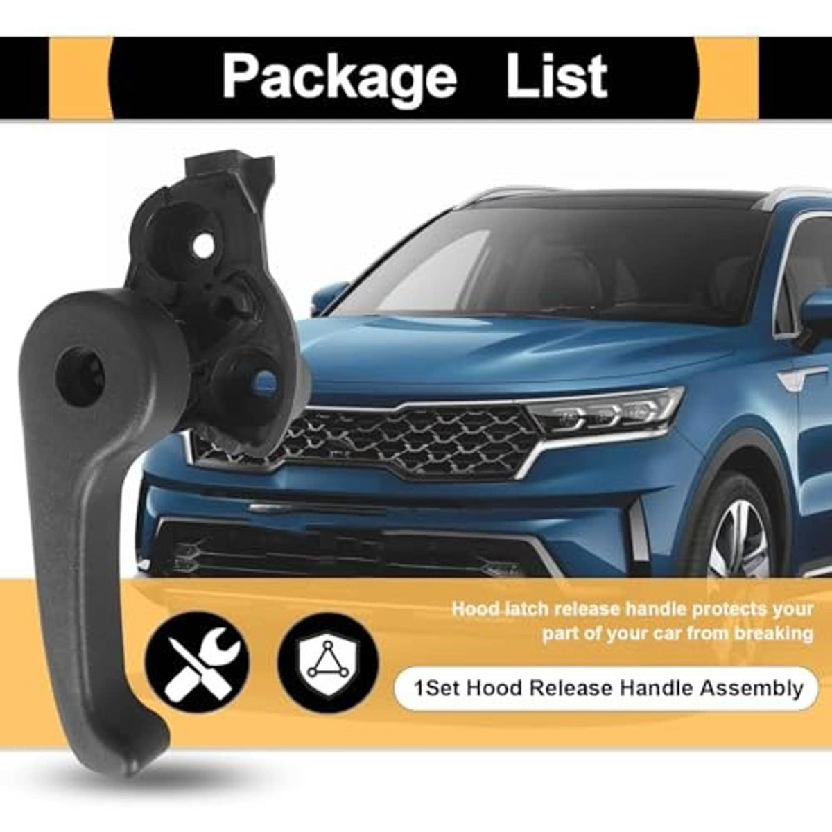 Black hood latch release handle assembly with protective packaging graphic