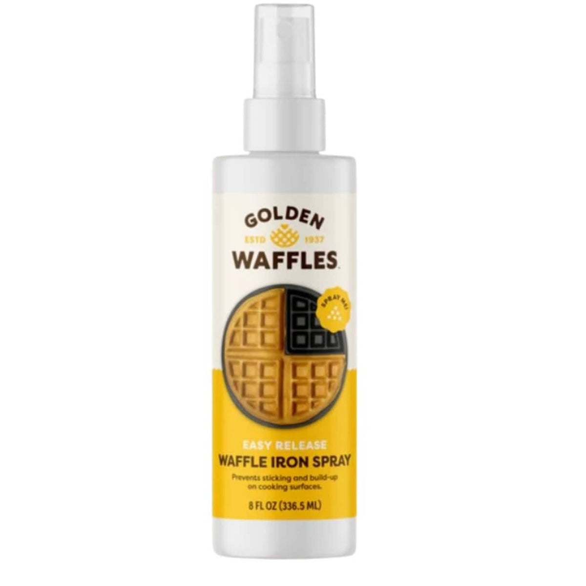 Waffle iron easy-release spray bottle, white with amber yellow label and pump top