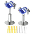 2-piece pipe support clamp with blue U-bands, threaded posts, and round base plates