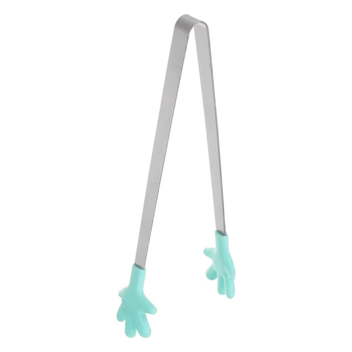 Mini stainless steel food tongs with turquoise silicone hand-shaped tips