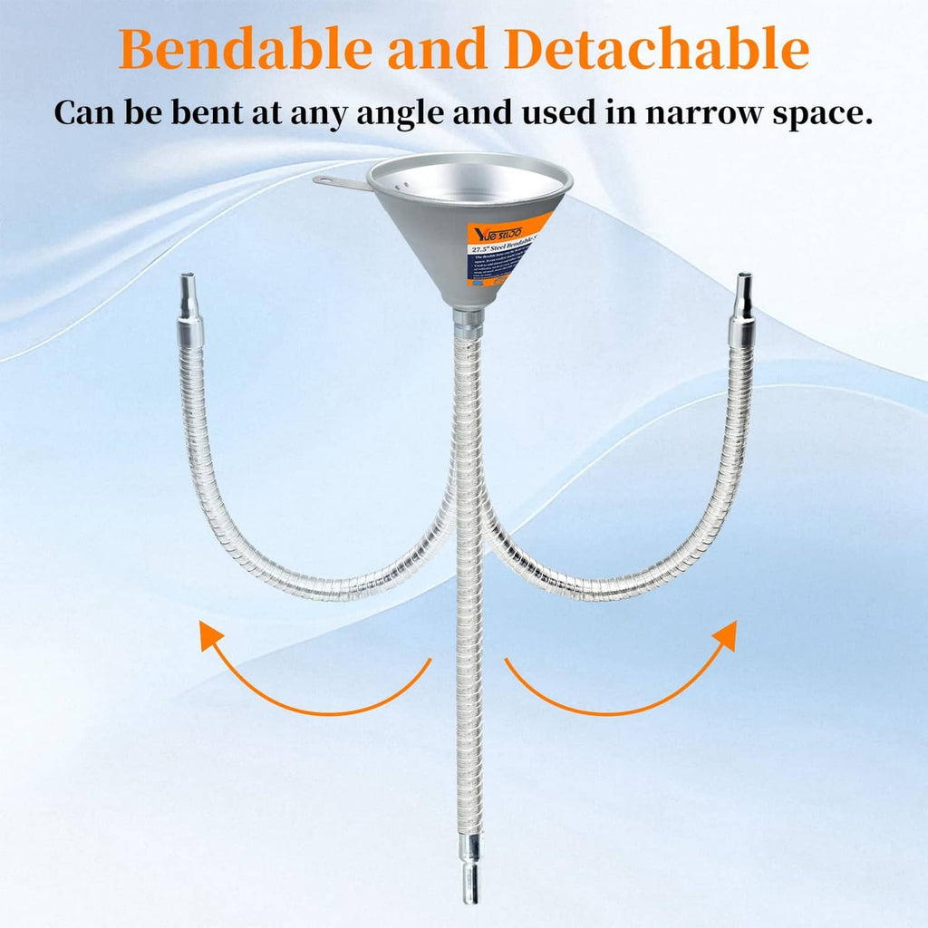 Silver bendable funnel with filter and two flexible steel spout tubes