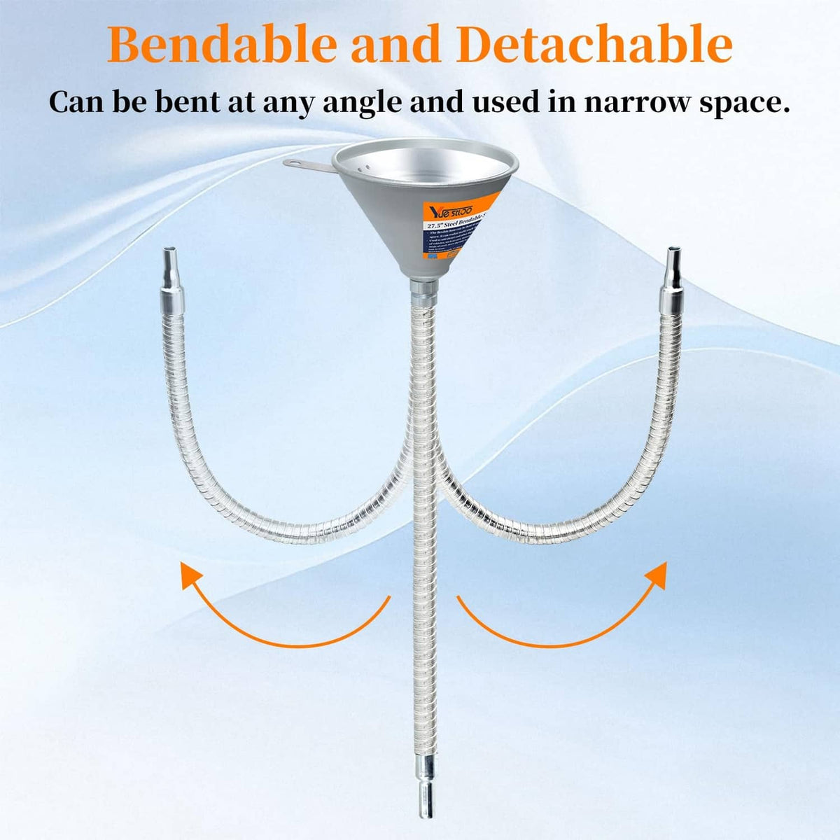 Silver bendable funnel with filter and two flexible steel spout tubes