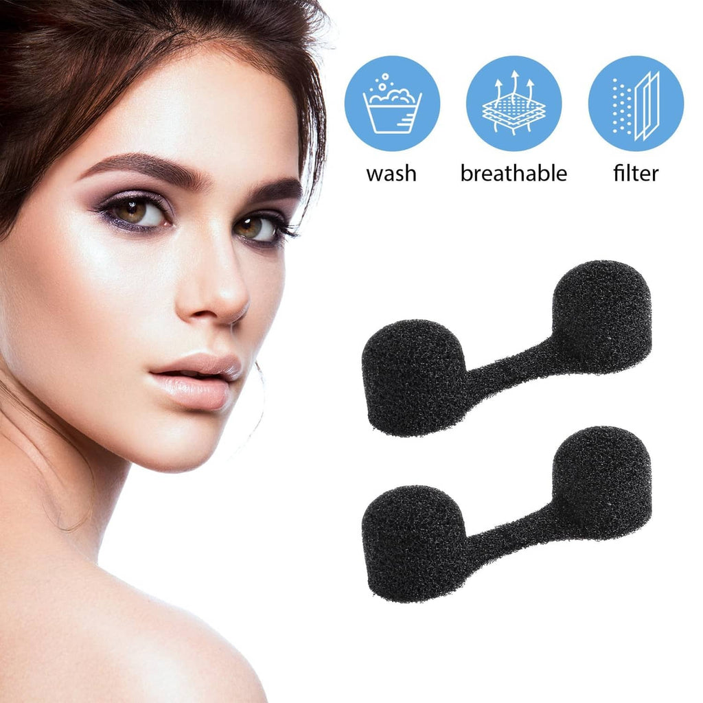 Black disposable foam nose plug filters shown near a person’s face