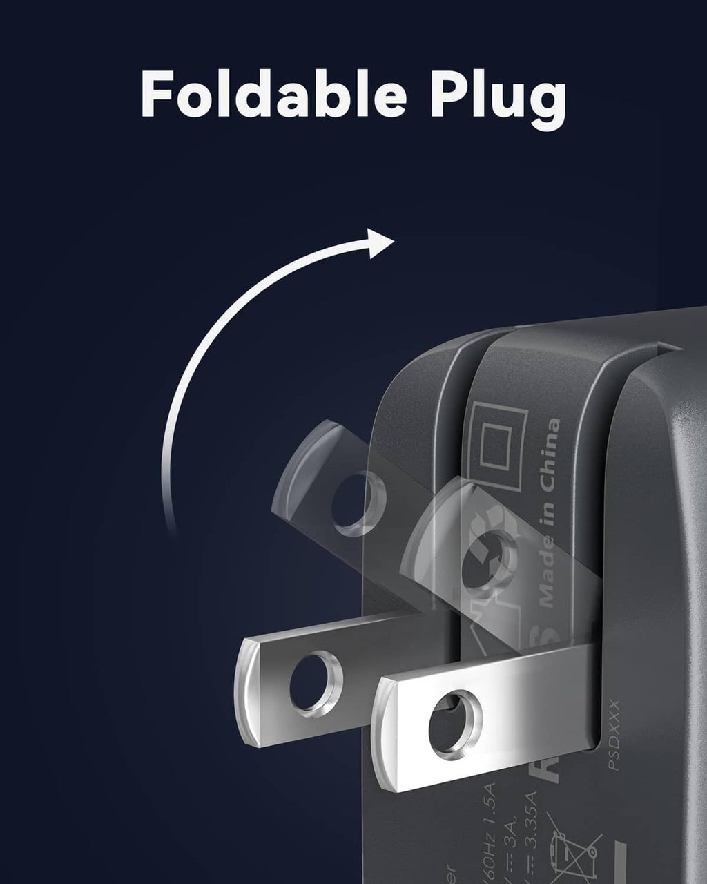 Wolfbox foldable plug PD USB-C charger, close-up of metal prongs and ports