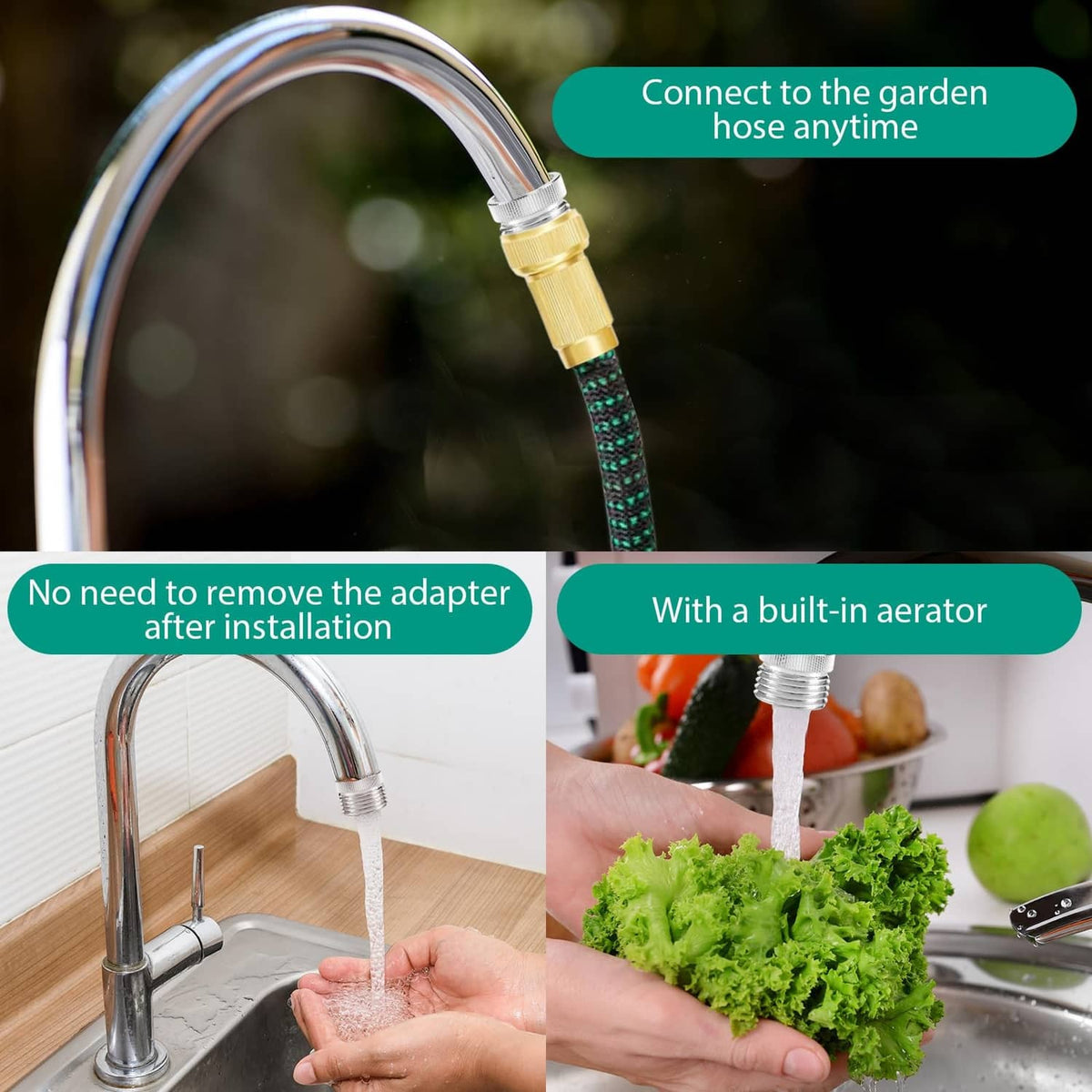 Silver faucet adapter with aerator outlet and threaded connector, close-up view