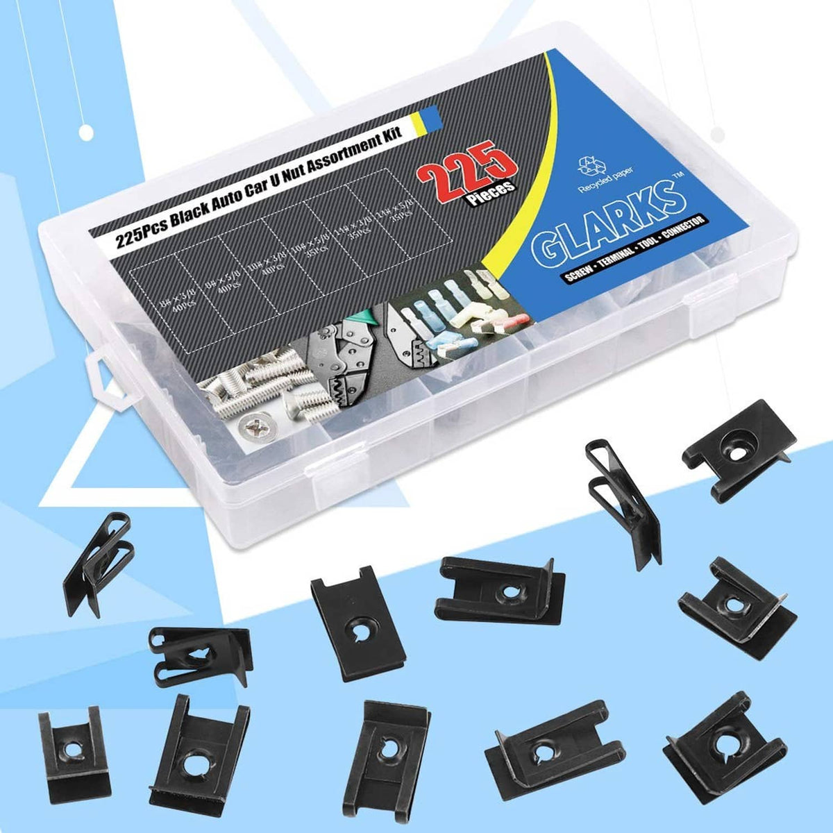 Clear plastic case with black U-nut auto clips and mixed sizes