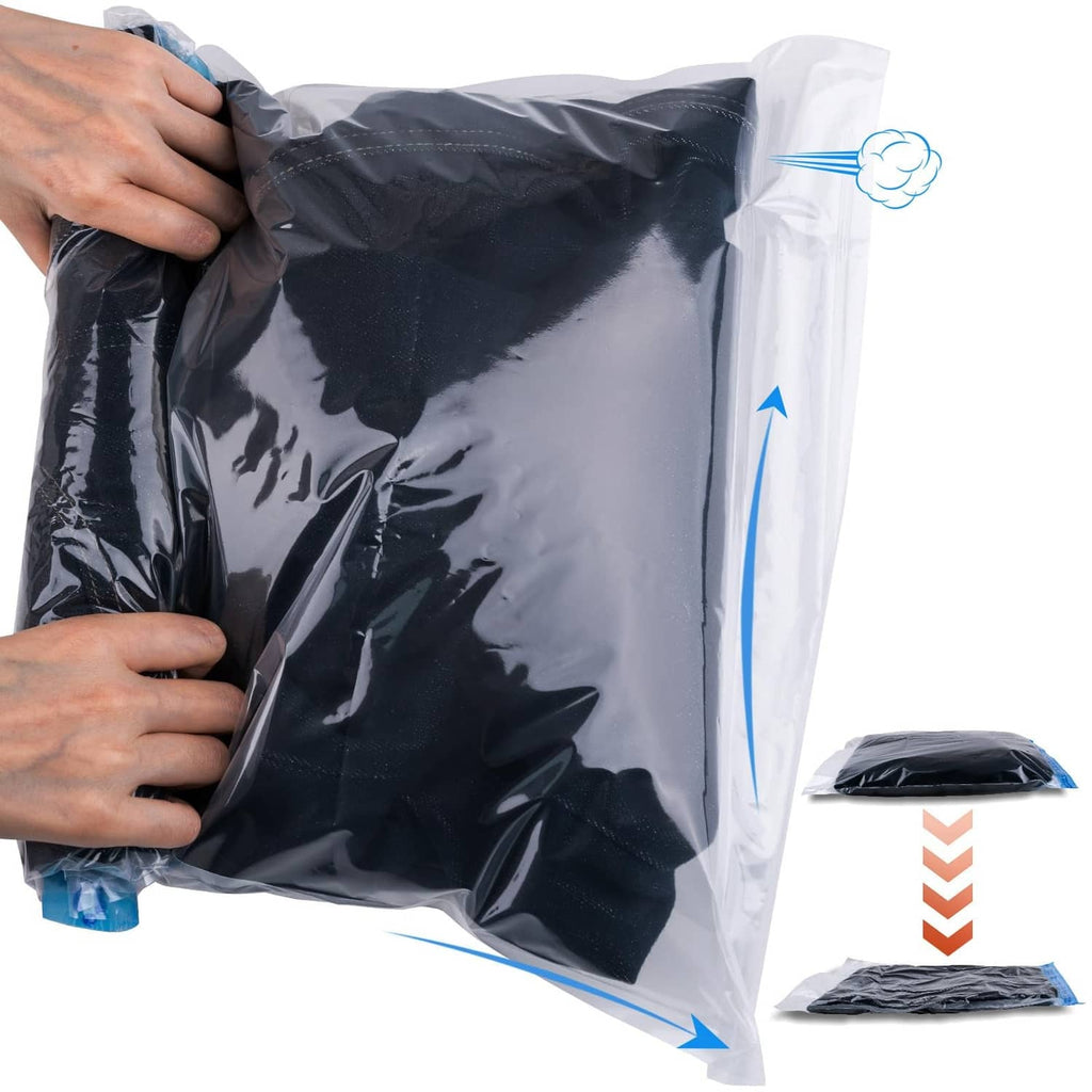 Close-up of gray compression bags with blue zipper seal and folded spare bags