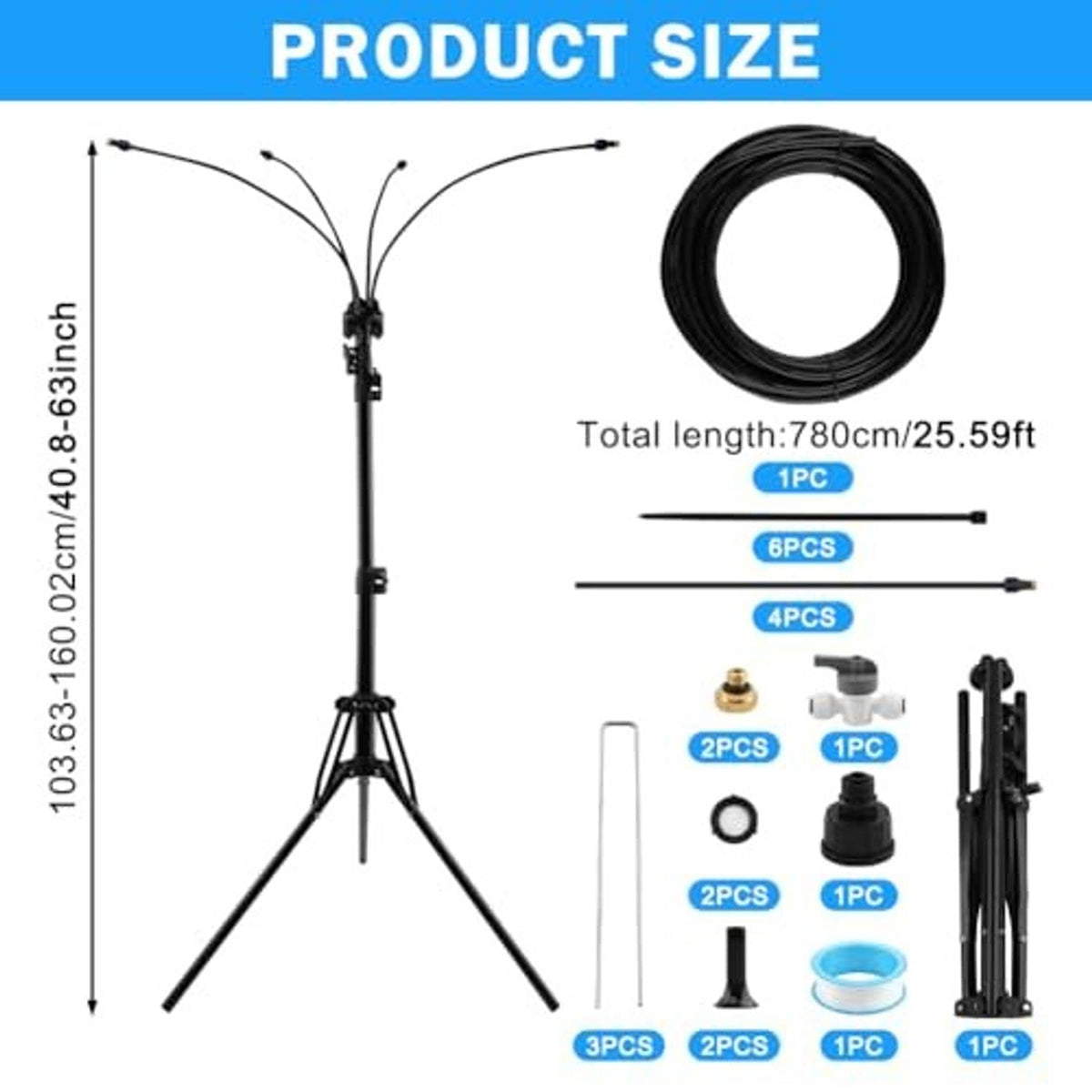Standing misting kit with adjustable pole, tripod base, black hose coil, and nozzle set