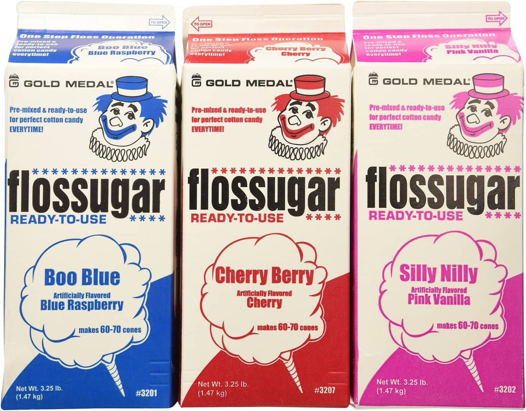 Flossugar cotton candy sugar boxes: Boo Blue, Cherry Berry, Silly Nilly