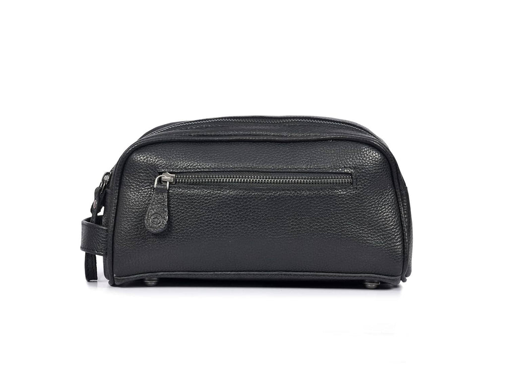 Black leather toiletry pouch with front zipper and visible zipper pull detail