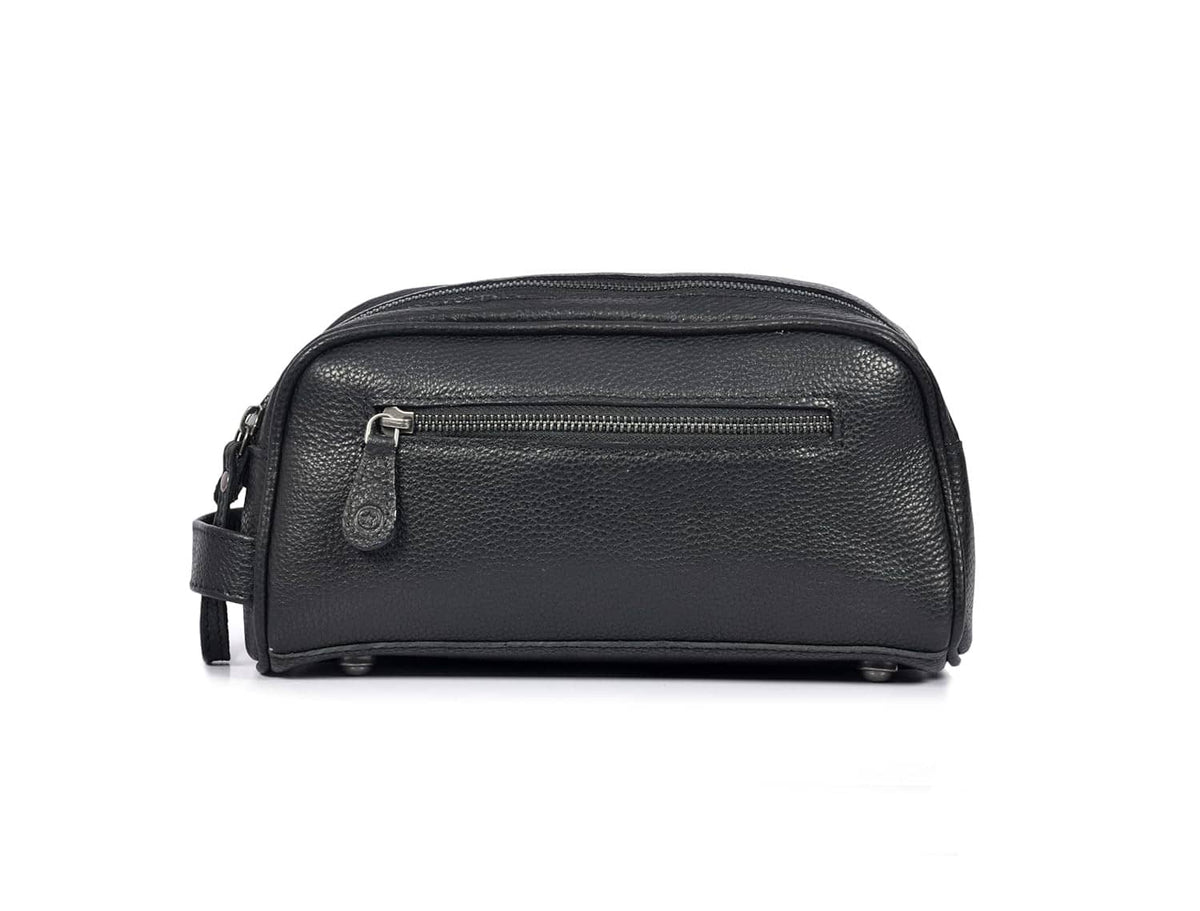 Black leather toiletry pouch with front zipper and visible zipper pull detail